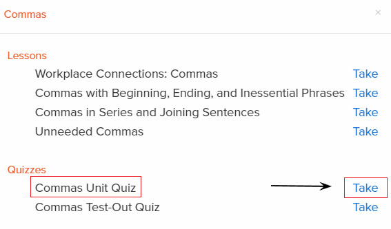 Go to “Quizzes” and click on “Take” found on the right side of the screen