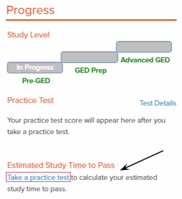Reference the Progress box and click on "Take a practice test."