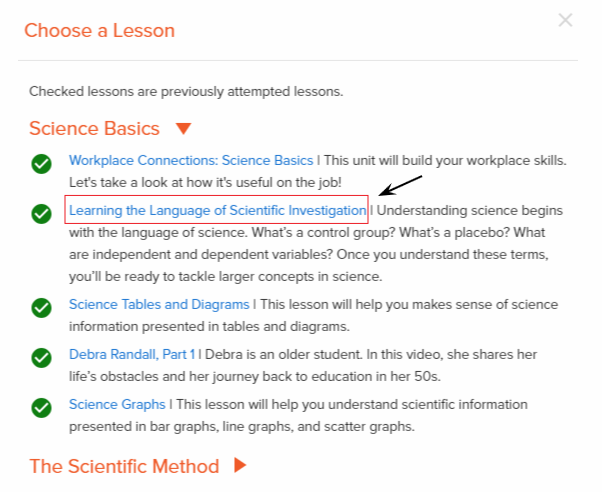 choose which lesson you want to repeat by clicking on the blue title